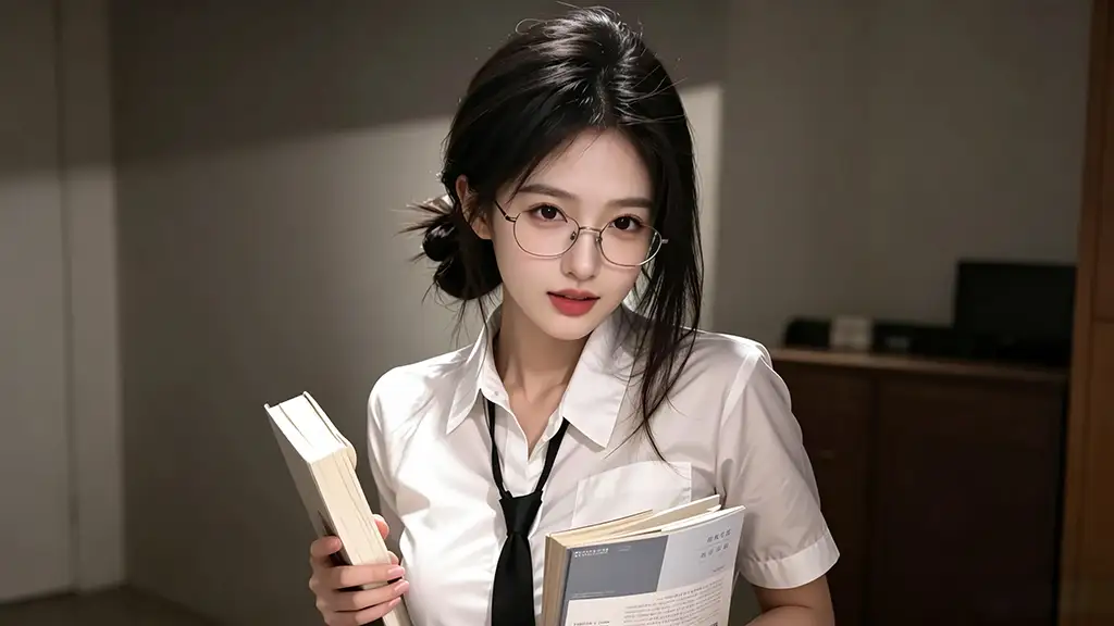 室内美女 戴眼镜 白色衬衫 书本 4K电脑壁纸-无盘系统网