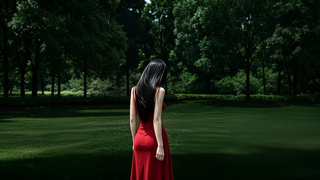 户外 树林 公园 红裙美女背影4K壁纸-无盘系统网