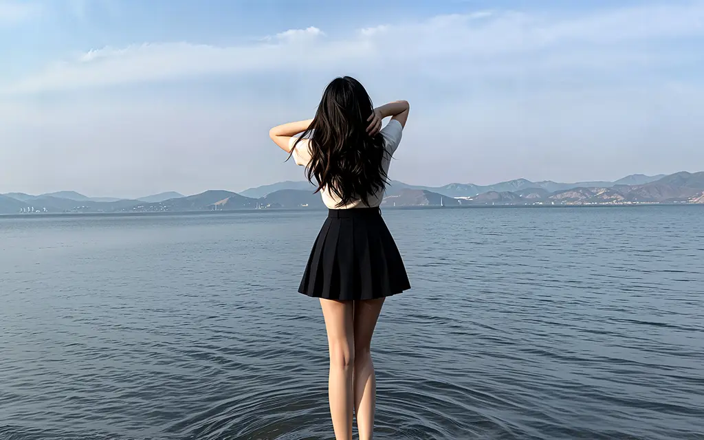 海边 长发美女背影 黑色裙子 4k高清壁纸-无盘系统网